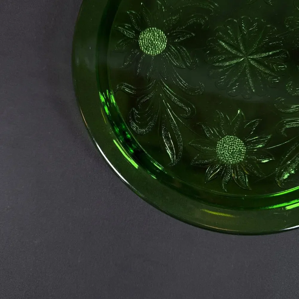 Depression Uranium Glass Flower 10'' Green Cake stand Plate vintage